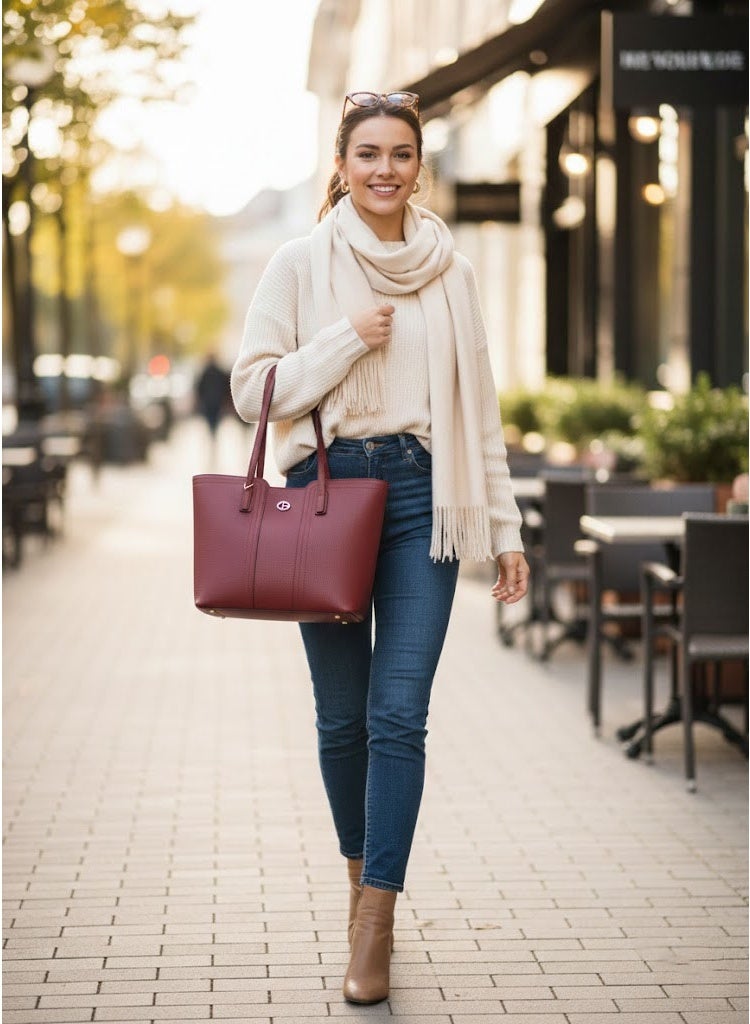 FUMES Wine red Structured Tote Bag – Premium Leather Women’s Shoulder Handbag - Image 5